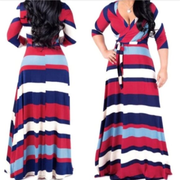 Janette Fashion Sky Blue Navy Red Bold Stripe Faux Wrap Maxi Dress - Picture 3 of 3